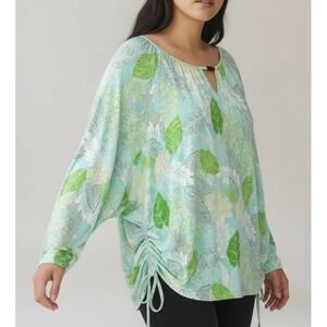 NEW DIRECTIONS Women's XL mint Green Leaf Print Ruched Side Long Sleeve V  Top